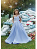 Ivory Delicate Leaf Branch Embroidered Lace Blue Satin Flower Girl Dress